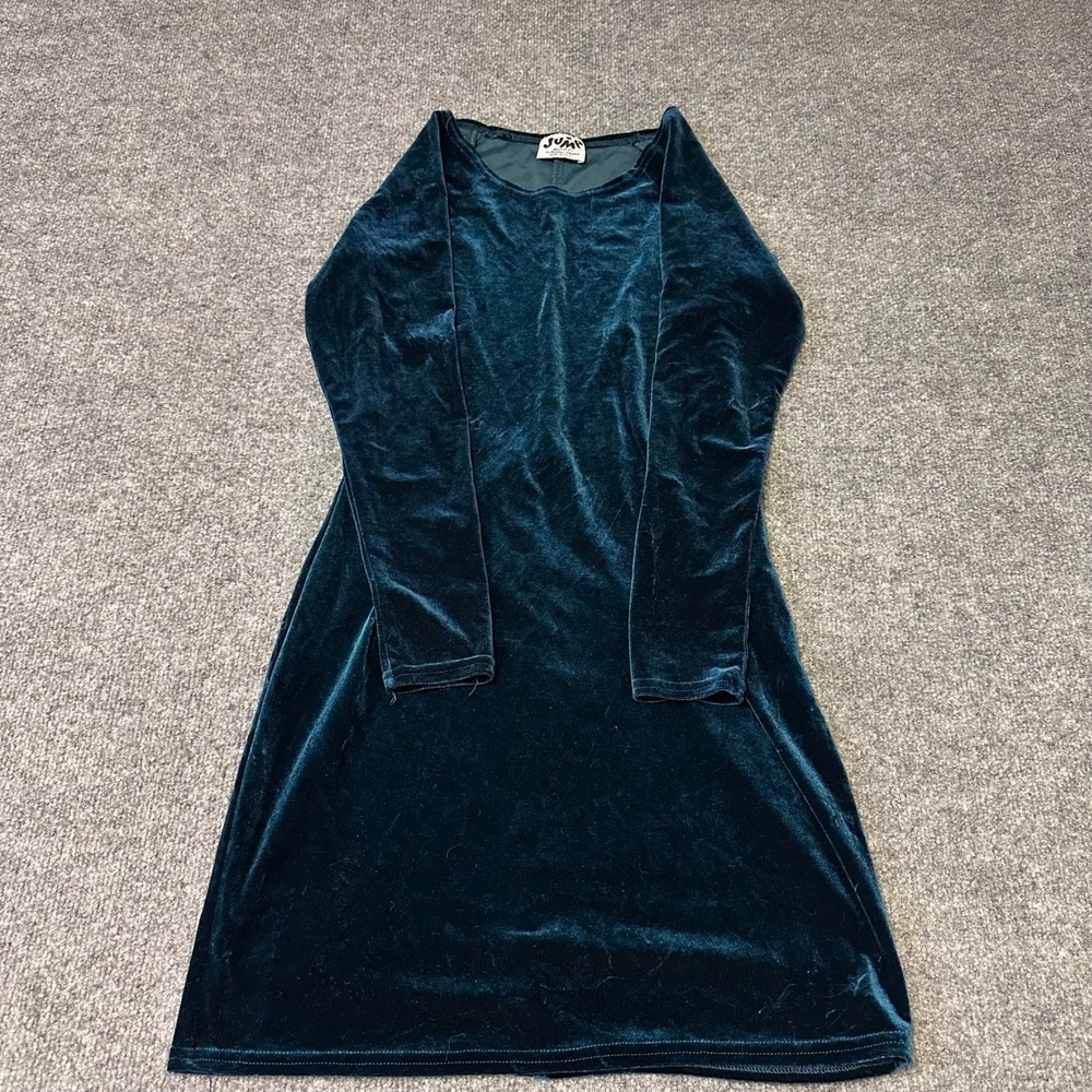 Jump Dress Womens Size S Teal Velvet Long Sleeve Vintage Bodycon Made in USA